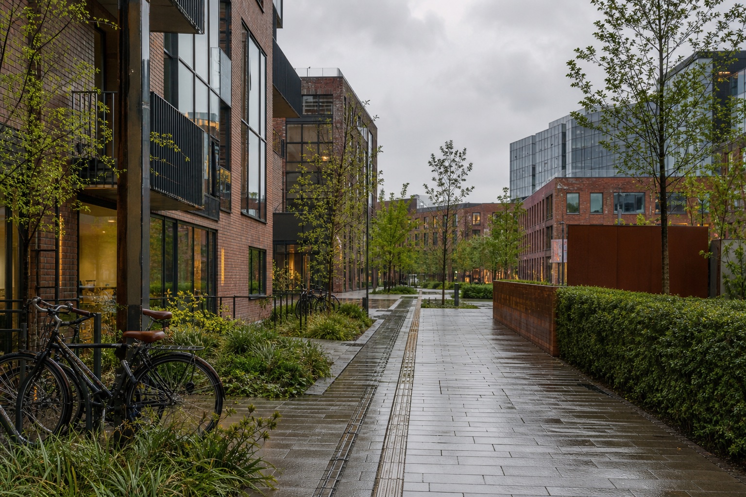 A contemporary Copenhagen-style brick and glass research district with bicycles and a rain-wet pedestrian route