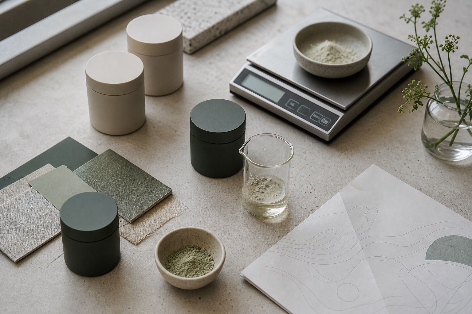 Unbranded sample containers, formulation materials, and a precision scale arranged on a development worktable