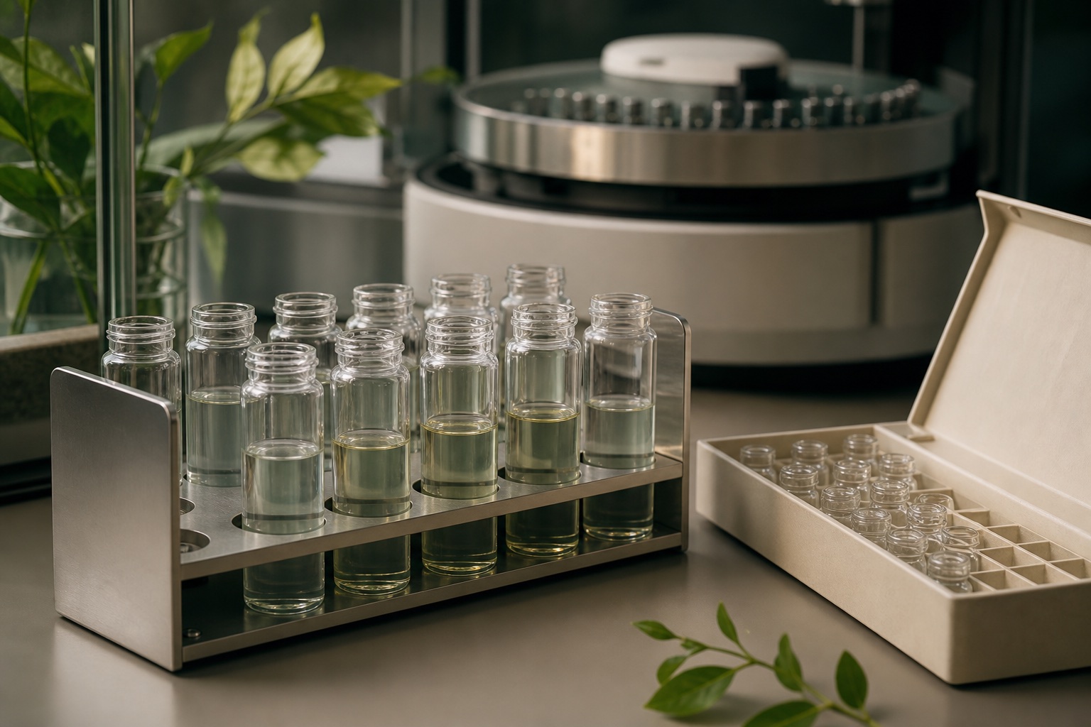 Prepared glass sample vessels arranged in a laboratory rack beside analytical equipment