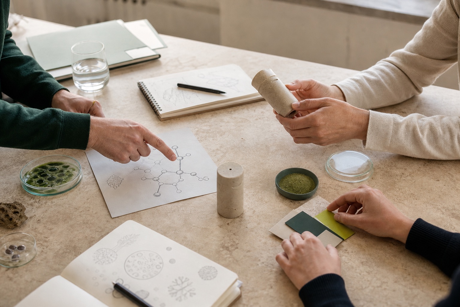 Three anonymous collaborators connect scientific, product, and material ideas around a shared worktable